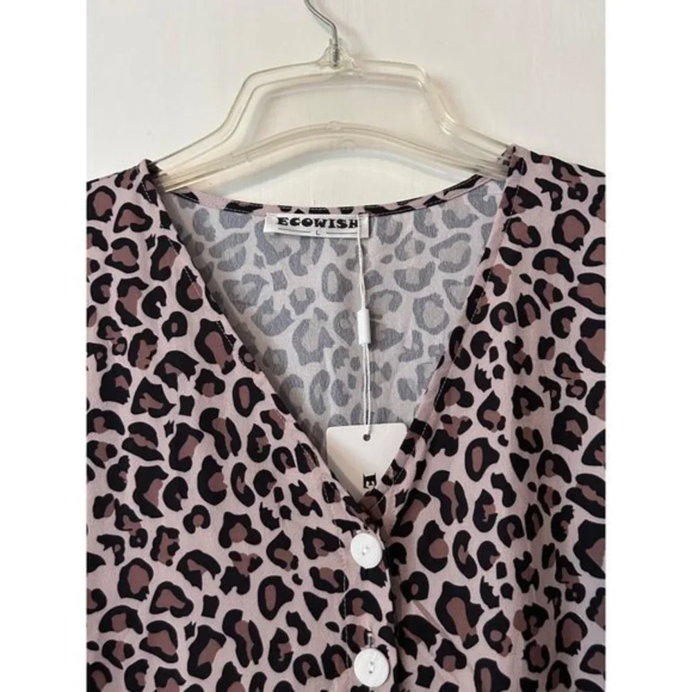 ECOWISH Animal Print Short Sleeve Button Detail Dress Women's Size Lg‎ NWT - Picture 6 of 13